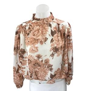 Express White Tan Floral Long Puff Sleeve Mock Neck Crop Blouse Shirt Top Size S